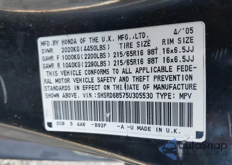 2005 Honda Cr-V Lx из США, поврежденный, VIN SHSRD68575U305530